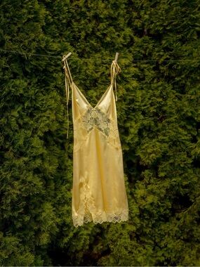 Satin Lace Trim Chemise Slip in Pale Yellow